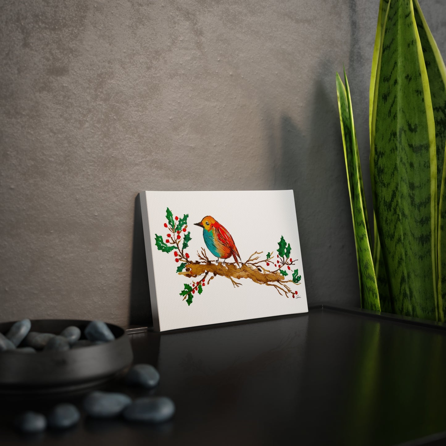 Bright Bird on a Branch White Canvas Print