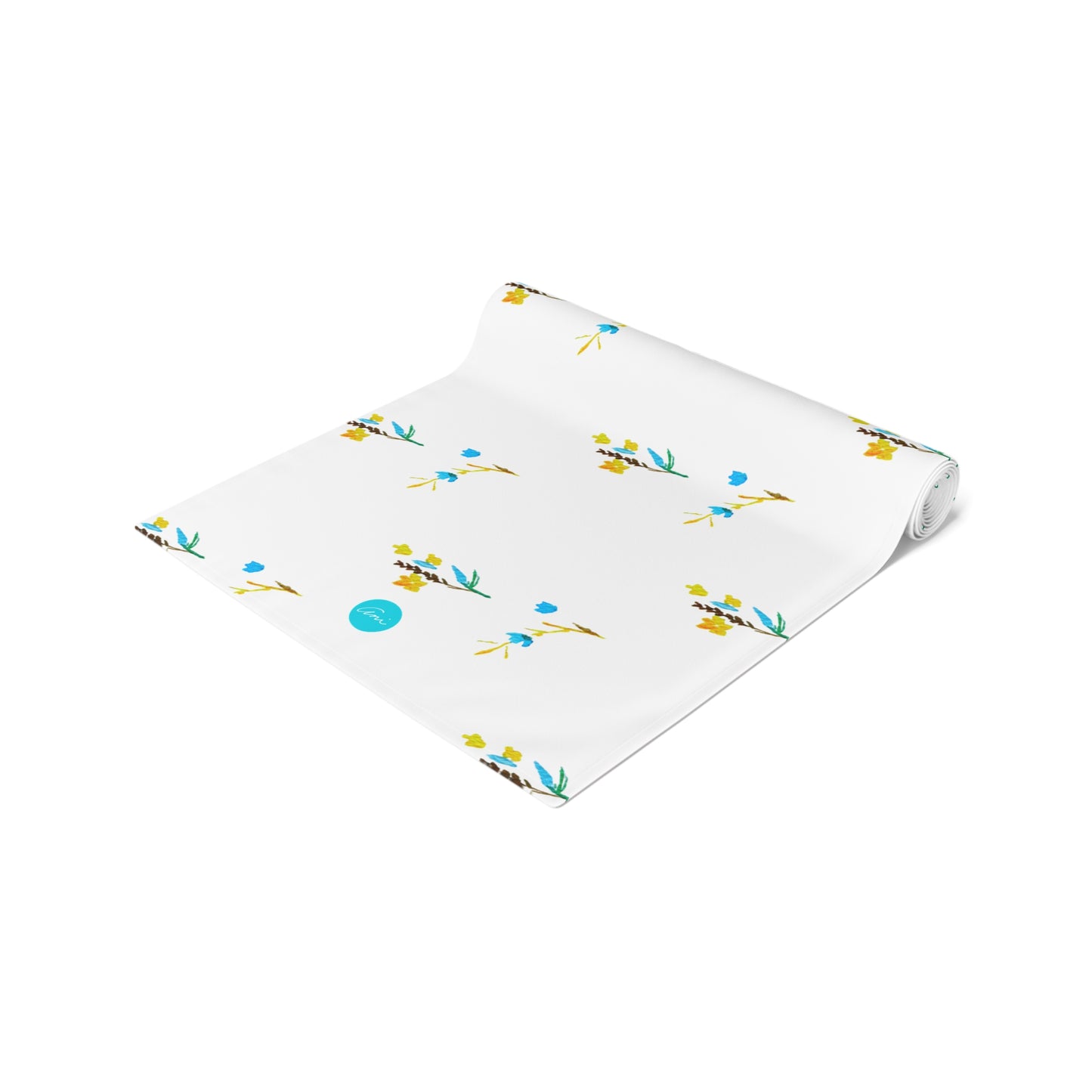 Fall Blue and Yellow Flowers White Table Runner (Cotton, Polyester)