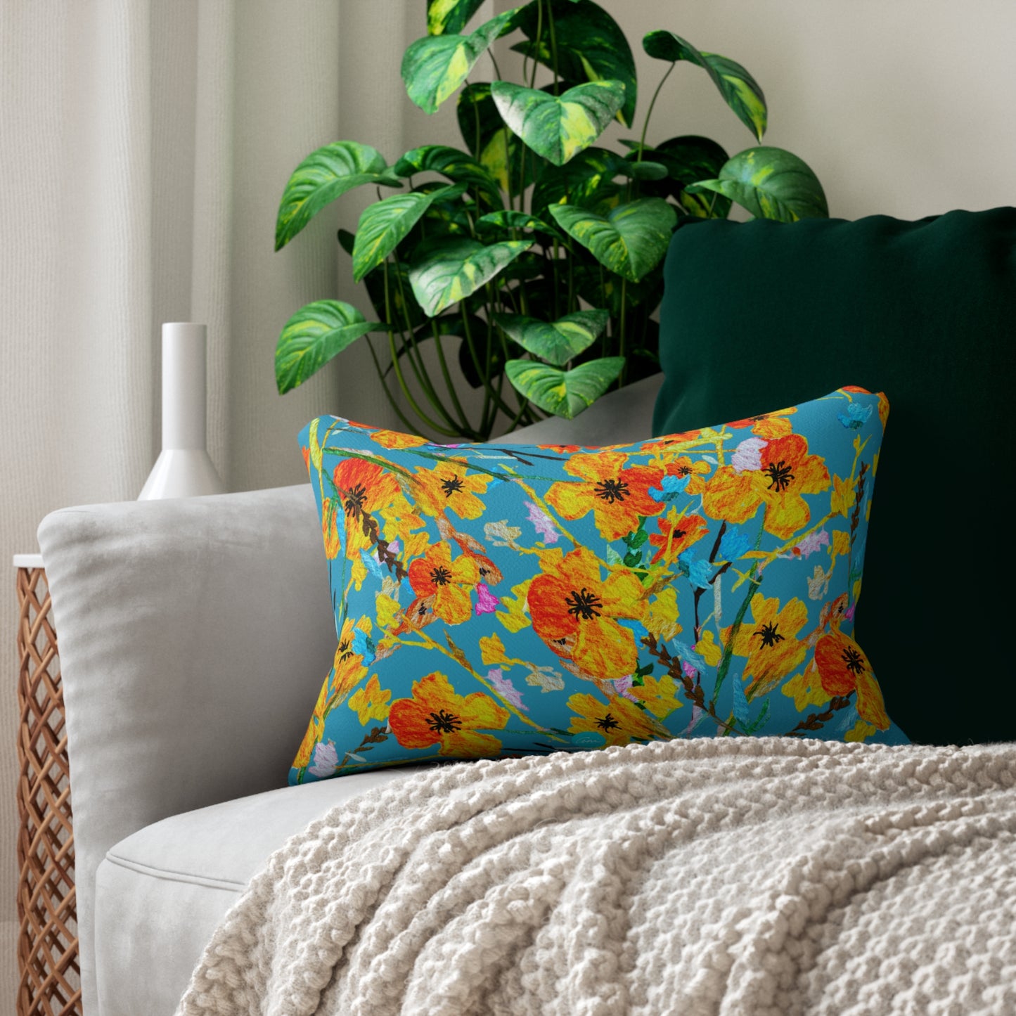 Fall Bouquet Turquoise Lumbar Pillow