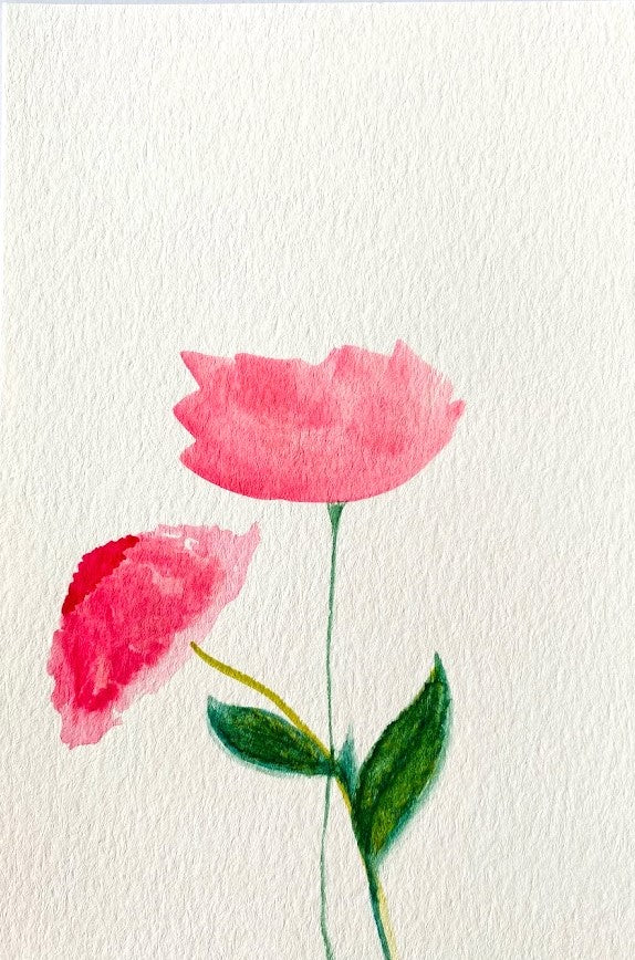 Two pink flowers original watercolor postcard